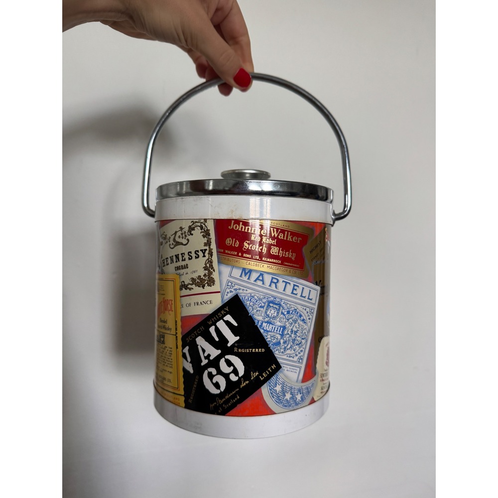 Vintage Liquor Label Collage Ice Bucket Chrome Lid Japan Mid Century Barware